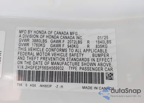 2025 Honda Civic Sport from USA, damaged, VIN 2HGFE2F56SH569932